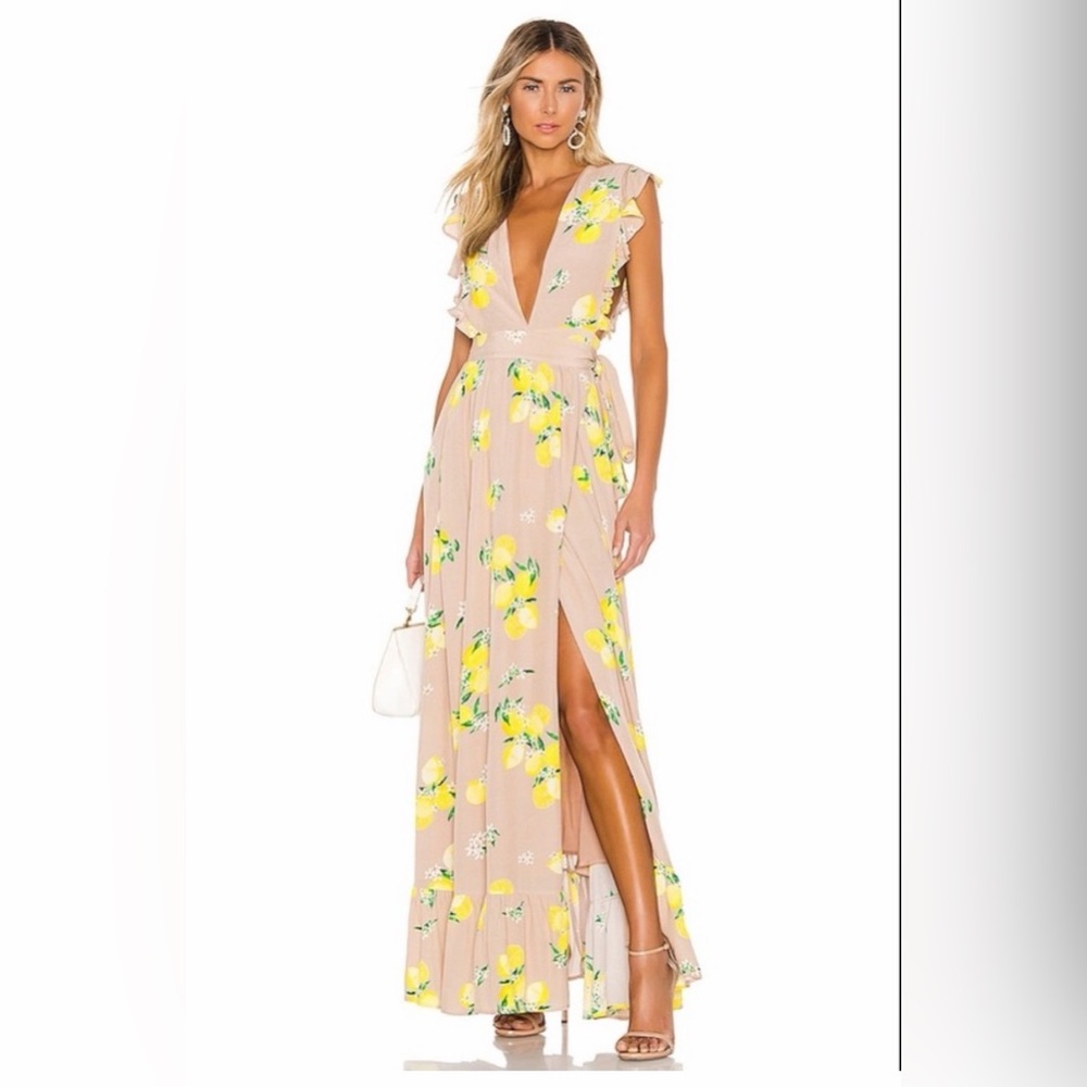 MAJORELLE Lemon Print V-Neck Maxi Dress